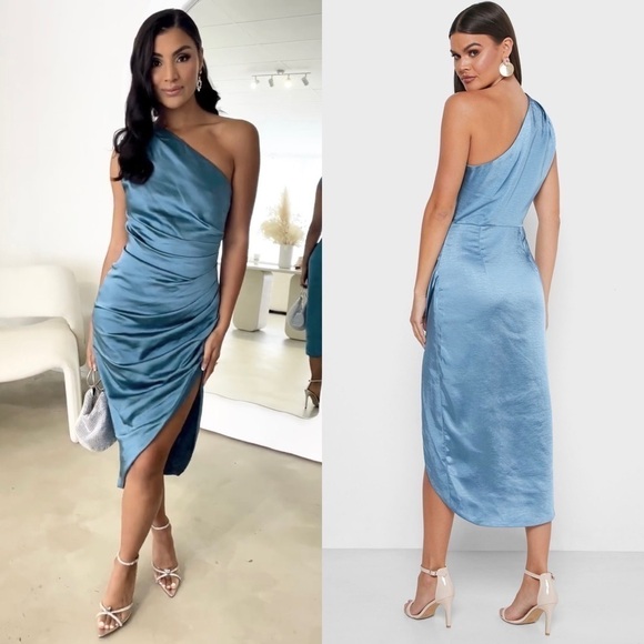 *NWT ELLIATT 70s Satin Sleeveless 1 Shoulder Ruched Faux Wrap Asymmetric Dress M - Picture 5 of 16